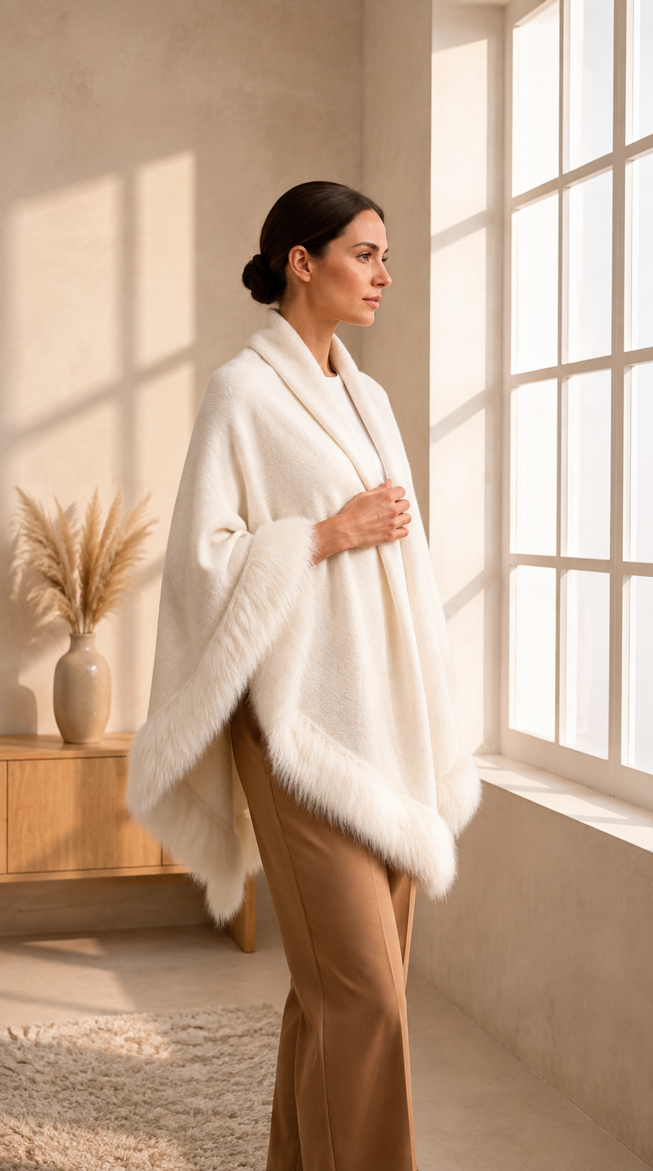 White Plain Wedding Knit Shawl with Faux Fur
