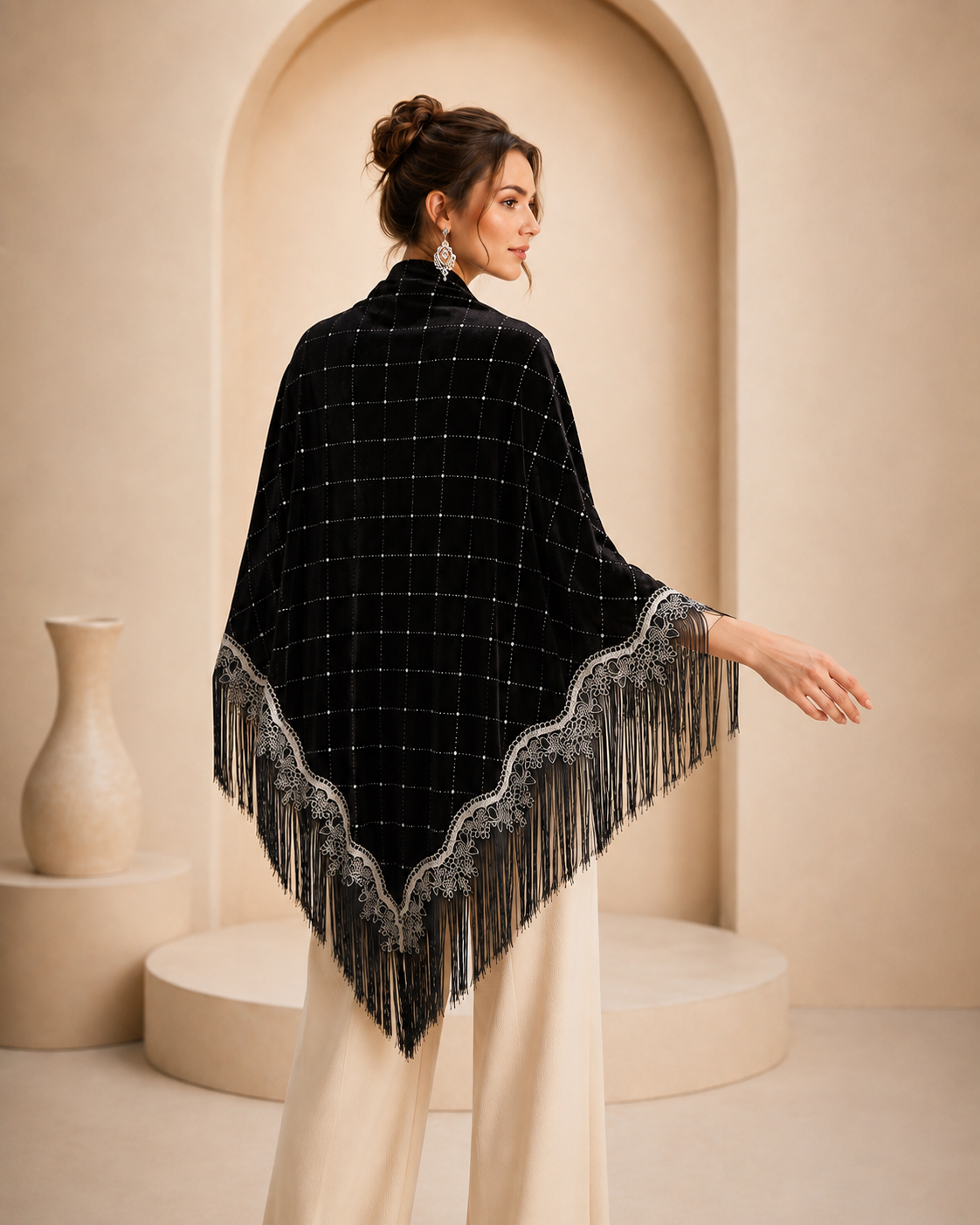 Silver Embroidery and Fringe Velvet Shawl