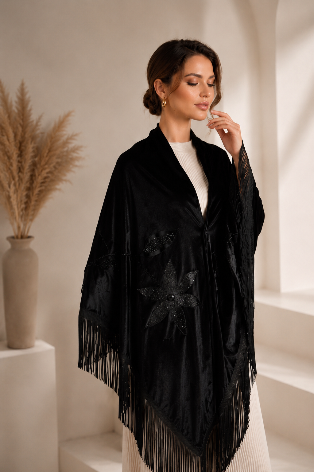 Handmade Embellisment Flower Aplique Velvet Black Shawl