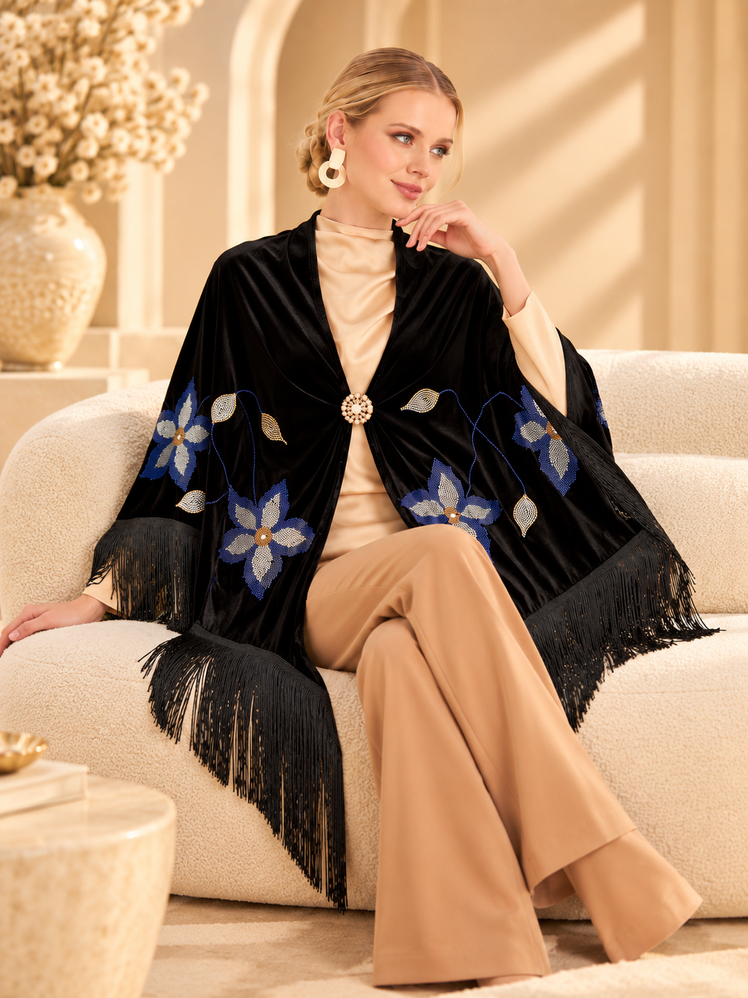 Velvet Shawl with Blue Crystal Floral Stones