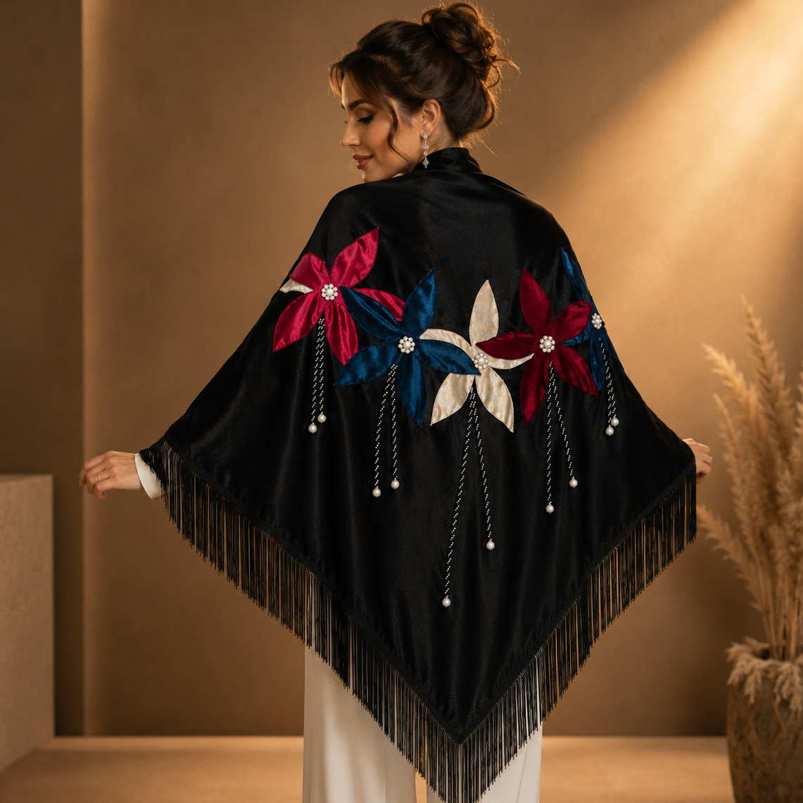 Flower Aplique Velvet Black Shawl