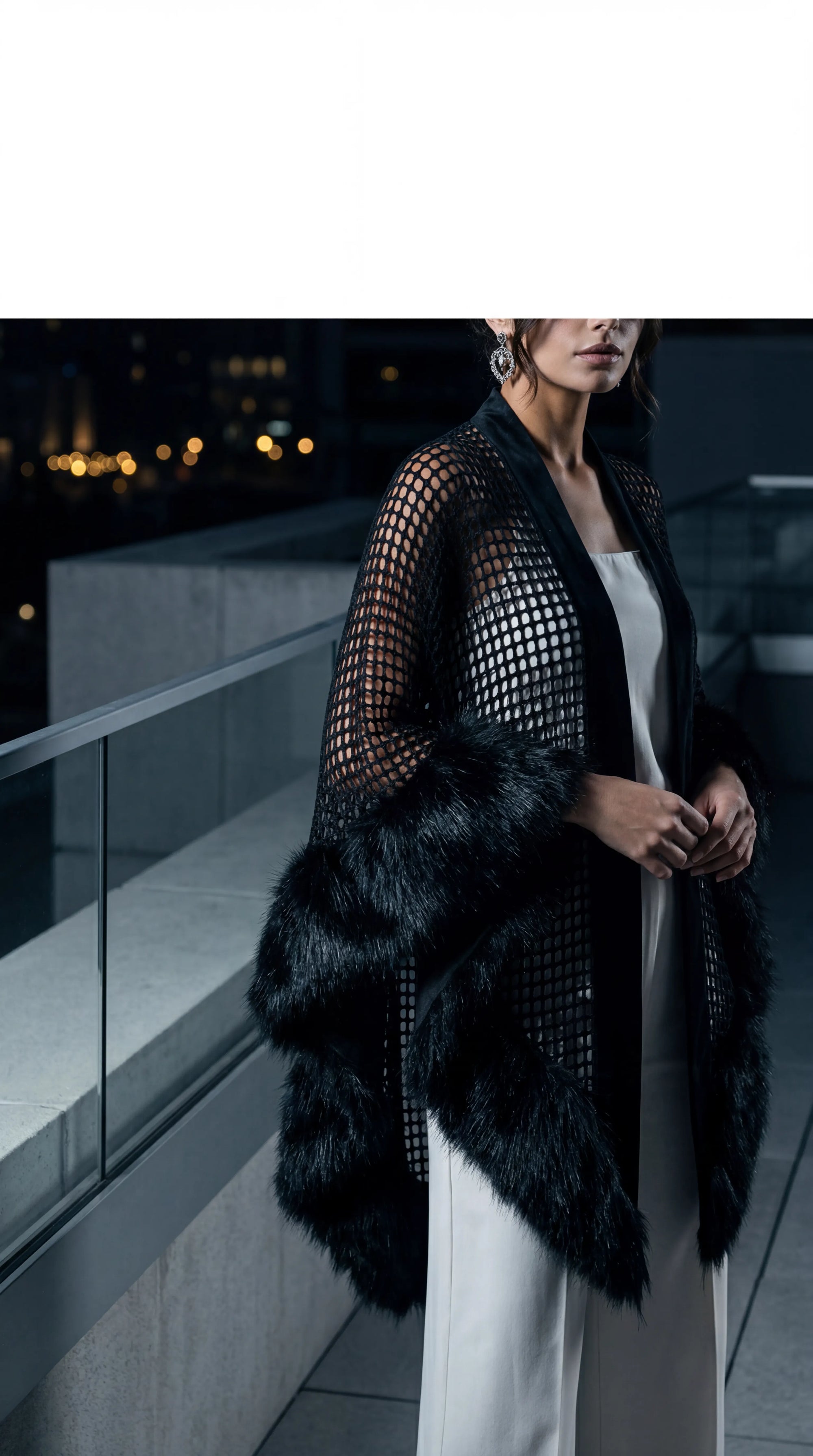 Black Mesh and Faux Fur Shawl