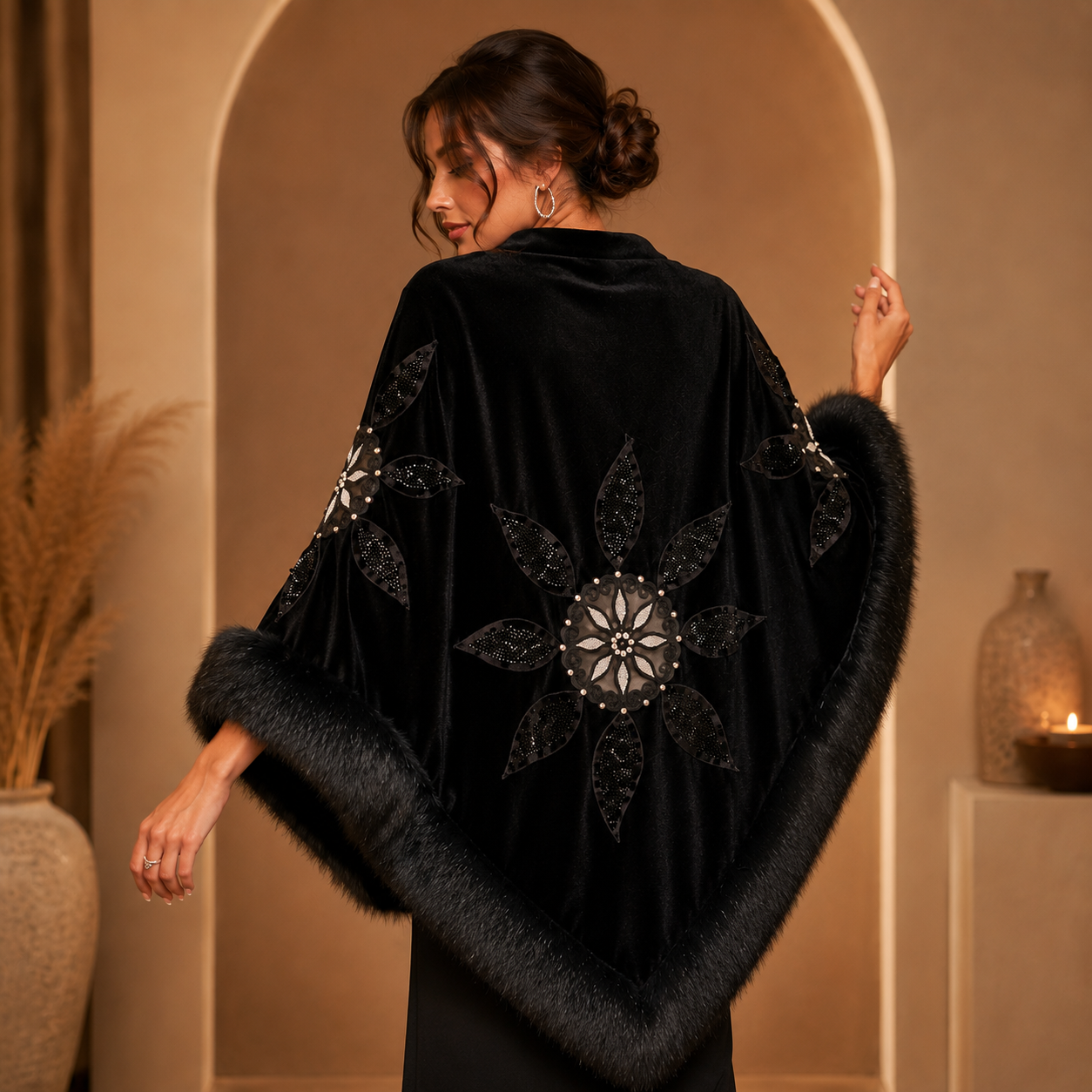 Black Velvet Shawl with Silver Embroidery and Faux Fur