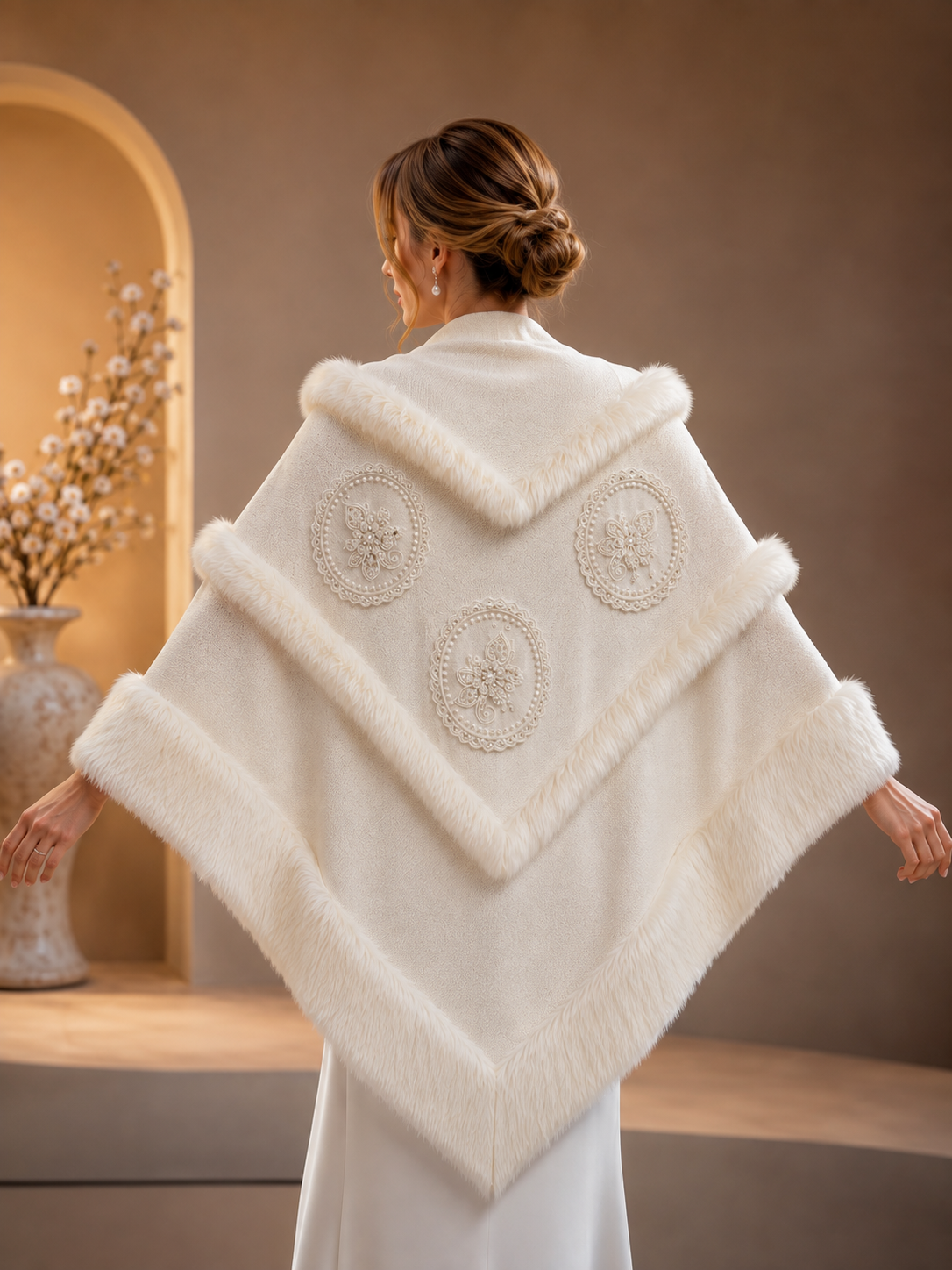 Embroidered White Wool Shawl