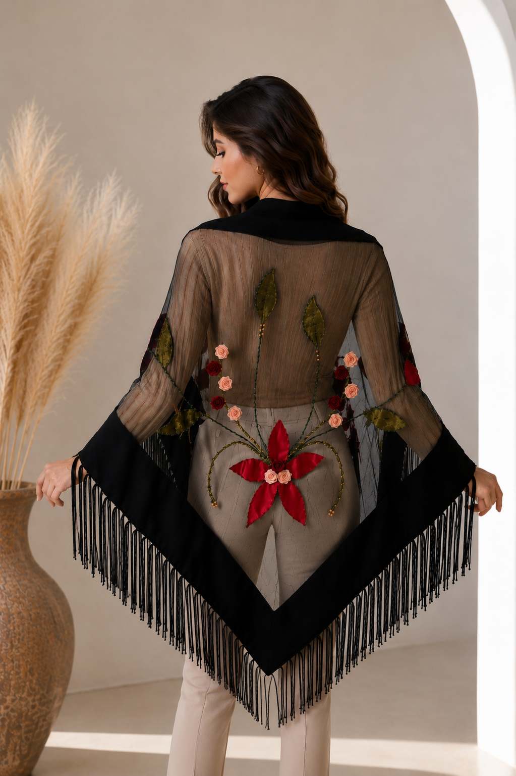 Handmade Stones Colorful Evening Knit and Tulle Shawl