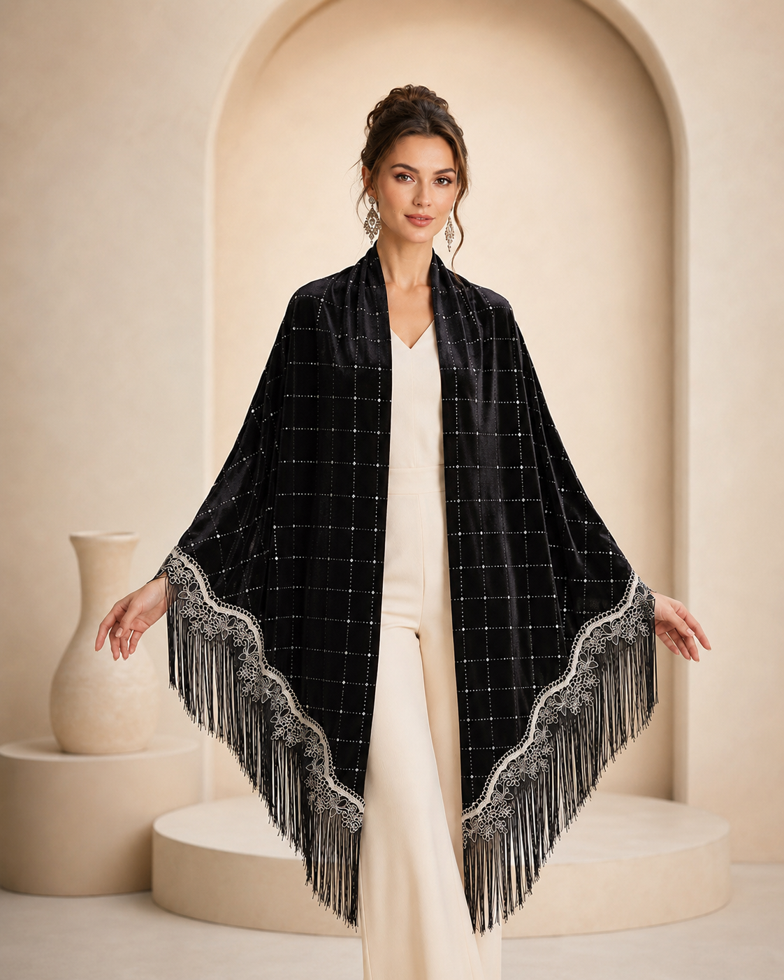 Silver Embroidery and Fringe Velvet Shawl