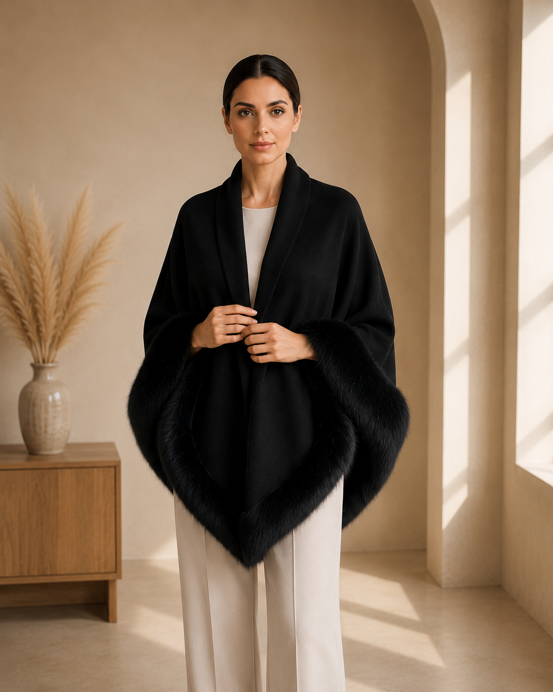 Black Plain Knit Shawl with Faux Fur