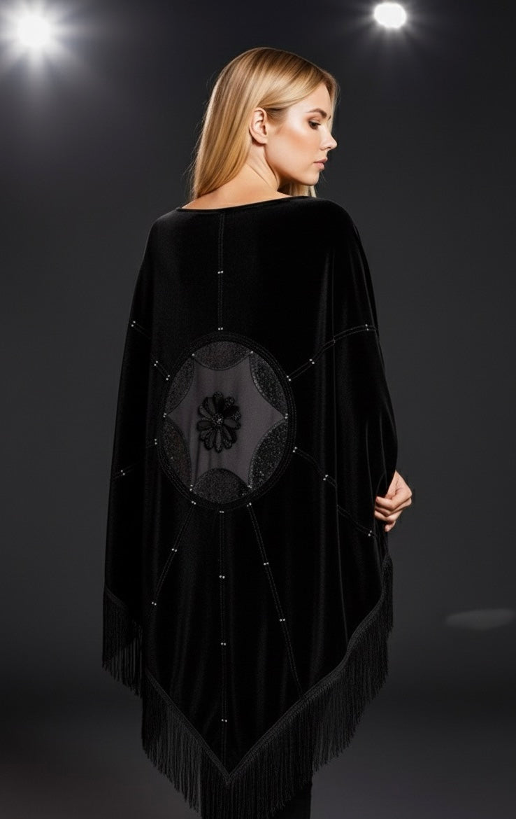 Velvet Shawl with Crystal Stones and Tulle