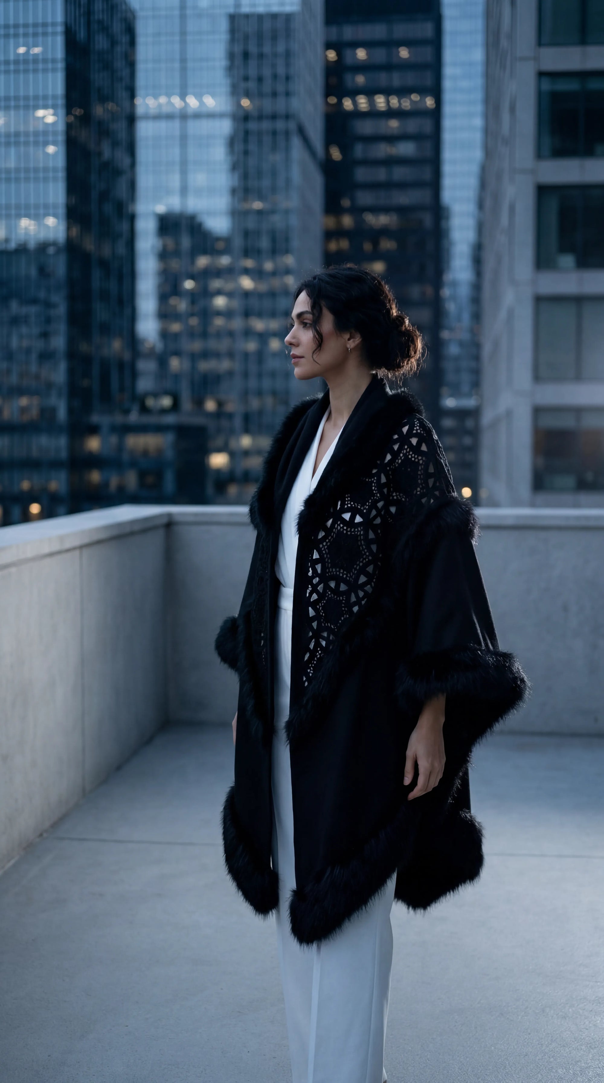 Black Embroidery Knit Shawl with Faux Fur