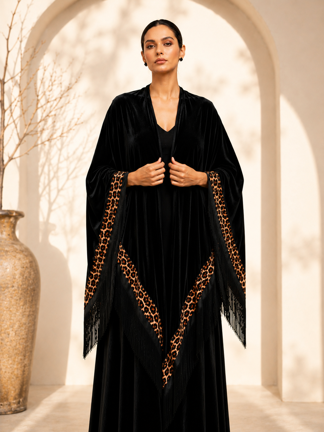 Tiger Leopard Aplique Velvet Black Shawl