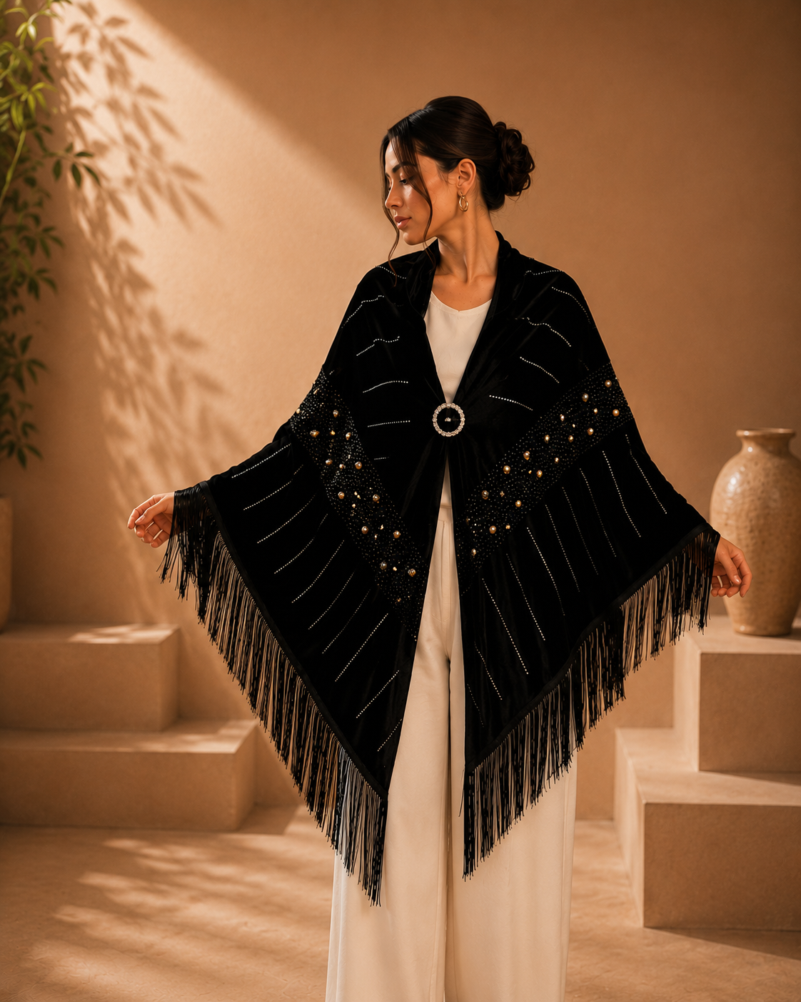 Velvet Evening Shawl with Crystal Stones