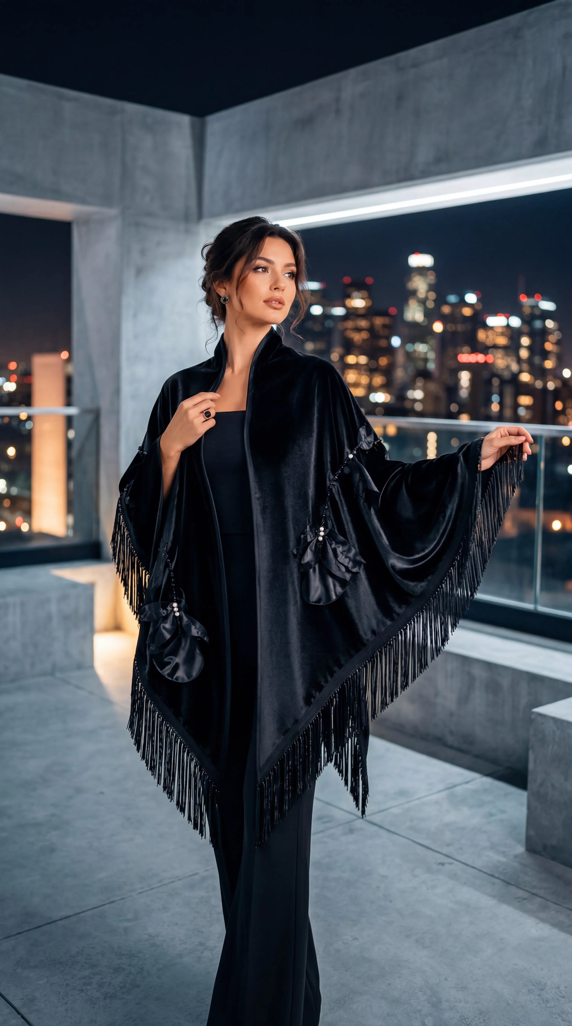 Handmade Flower Aplique Velvet Black Shawl