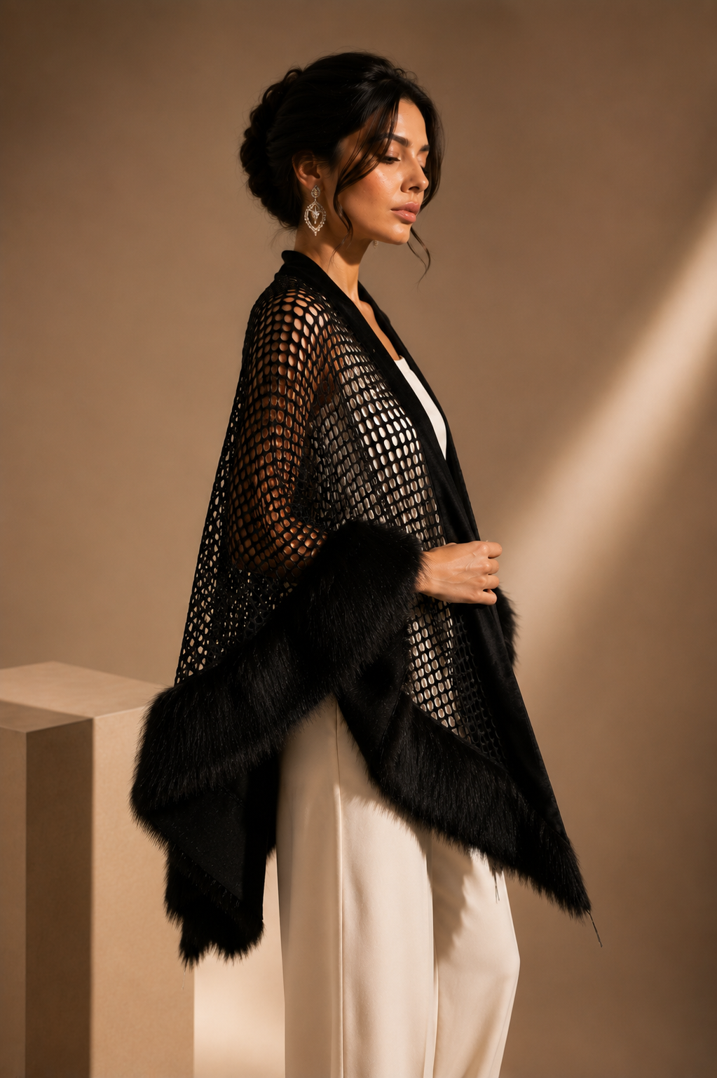 Black Mesh and Faux Fur Shawl