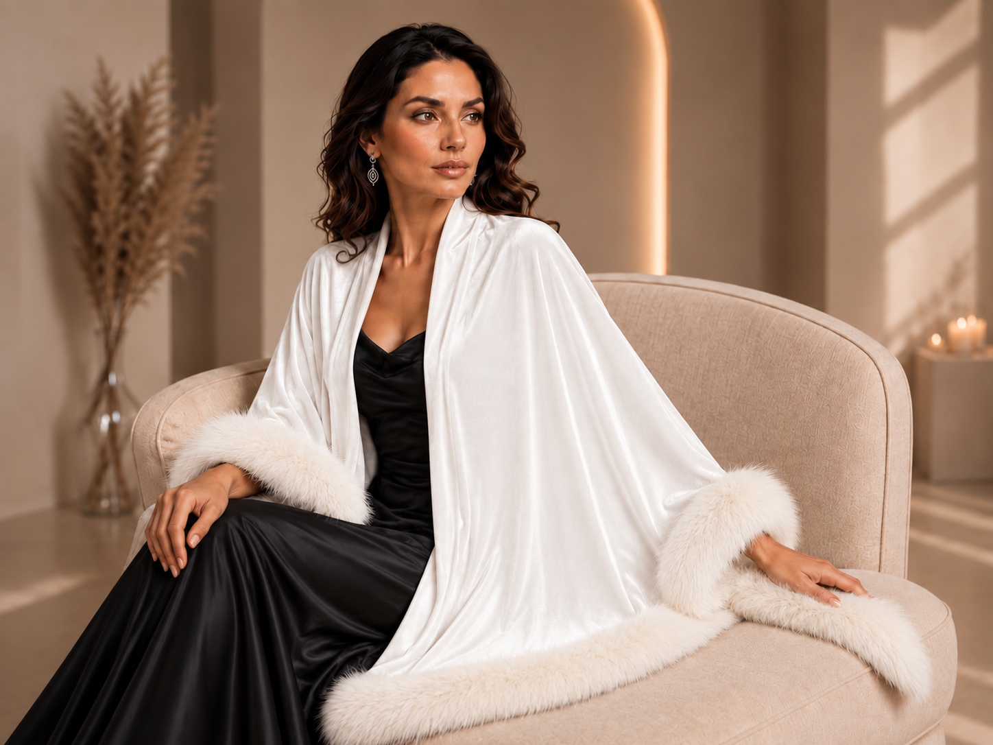 White Velvet Plain Shawl with Fur Trim