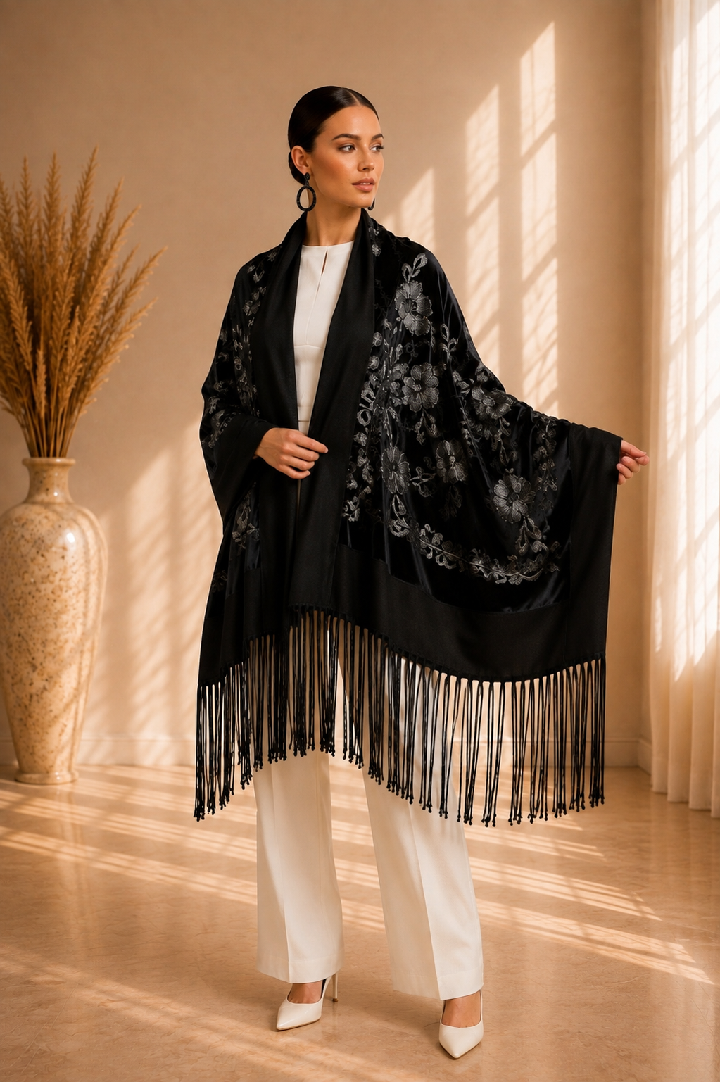 Embroidered Floral and Sequins Velvet Shawl with Wool Border