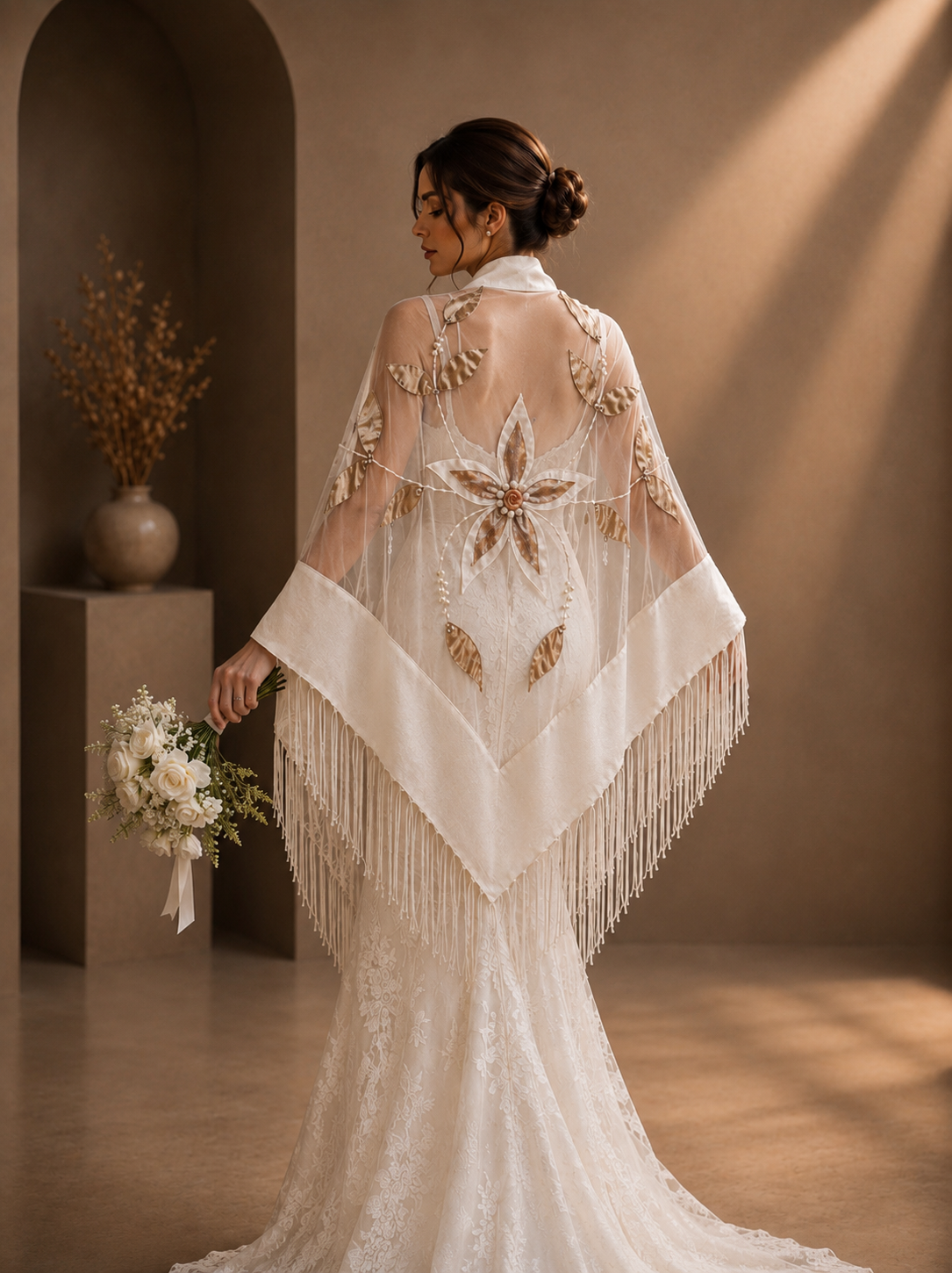 White Bridal Folaral Aplique Knit and Tulle Shawl