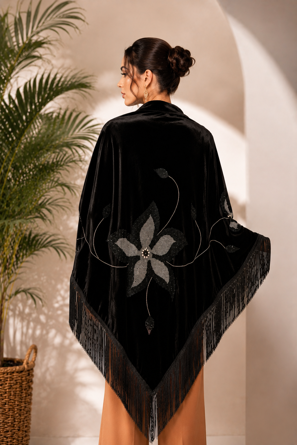 Velvet Shawl with Crystal Flower Embellishments