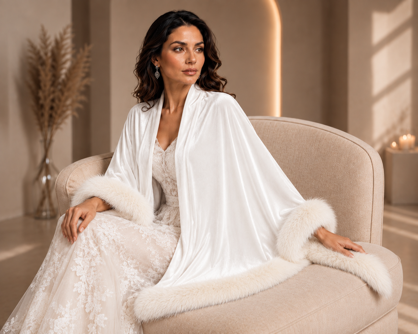 White Velvet Plain Shawl with Fur Trim