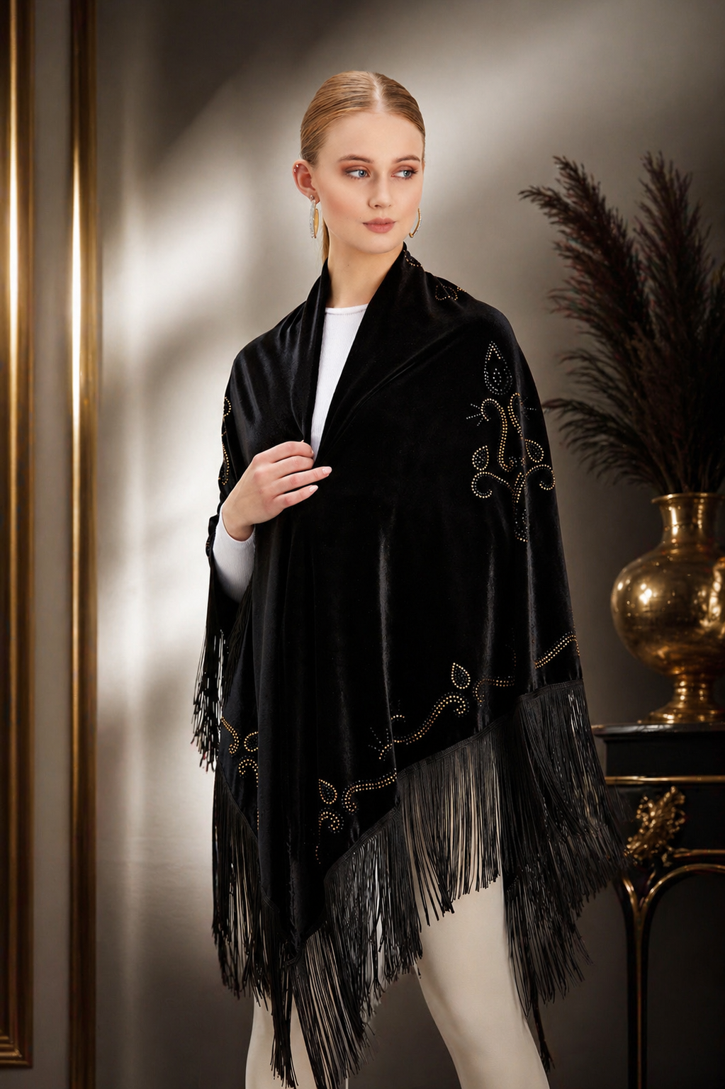Black Velvet Shawl with Crystal Embellishments