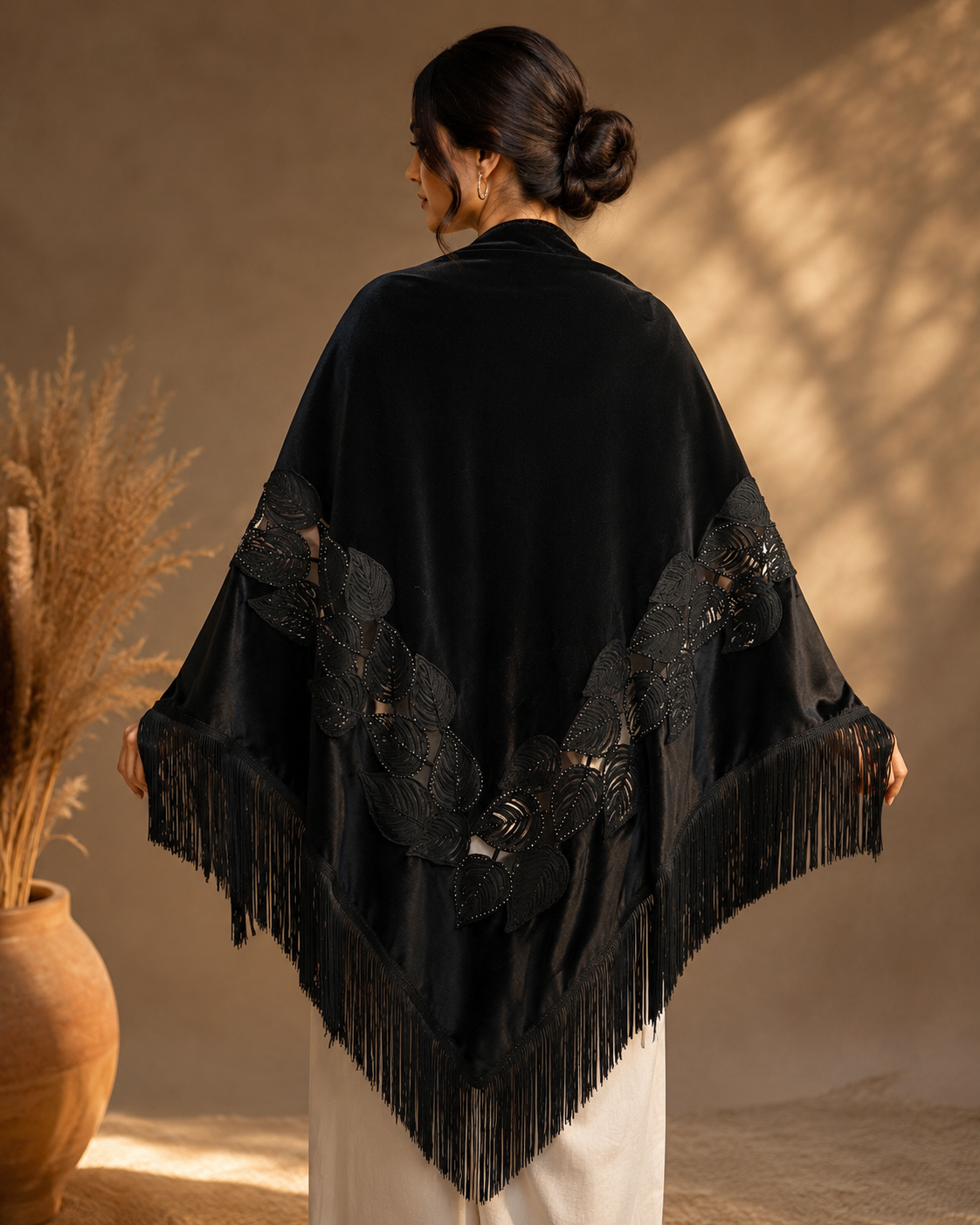 Black Embroidery Velvet Shawl with Fringe
