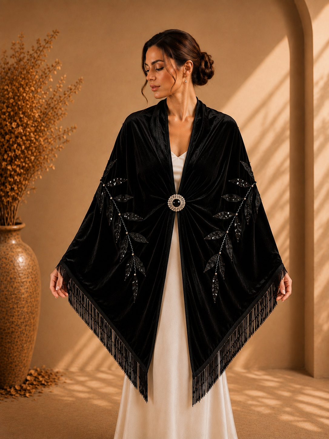 Black Velvet Shawl with Floral Applique