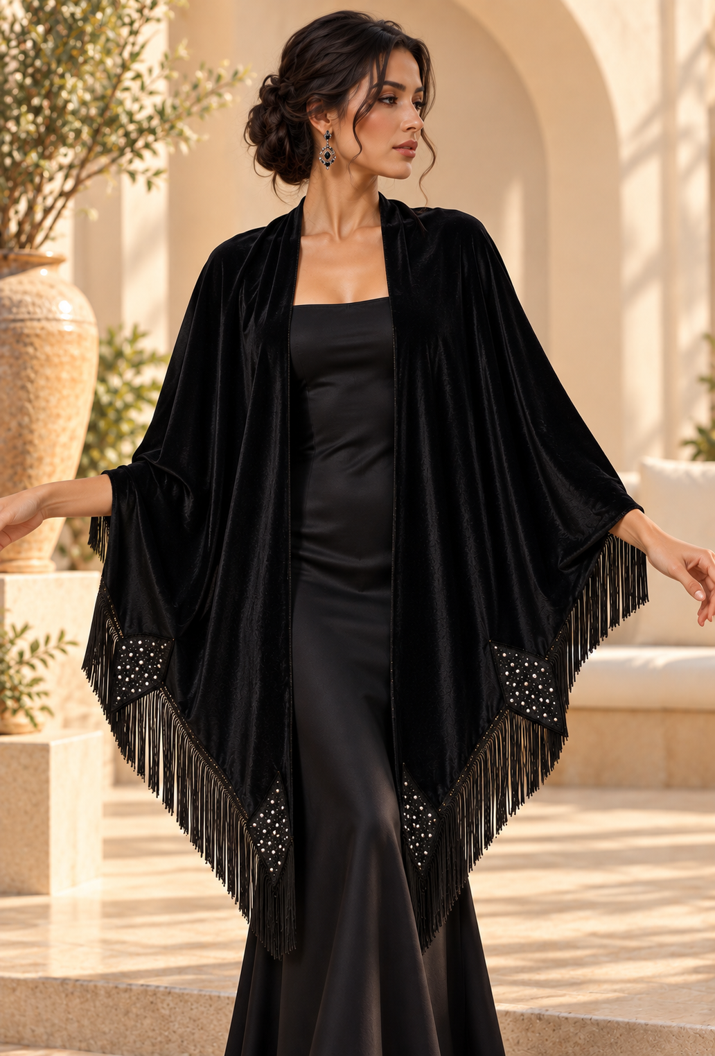 Black Velvet Shawl with Geometric Stones