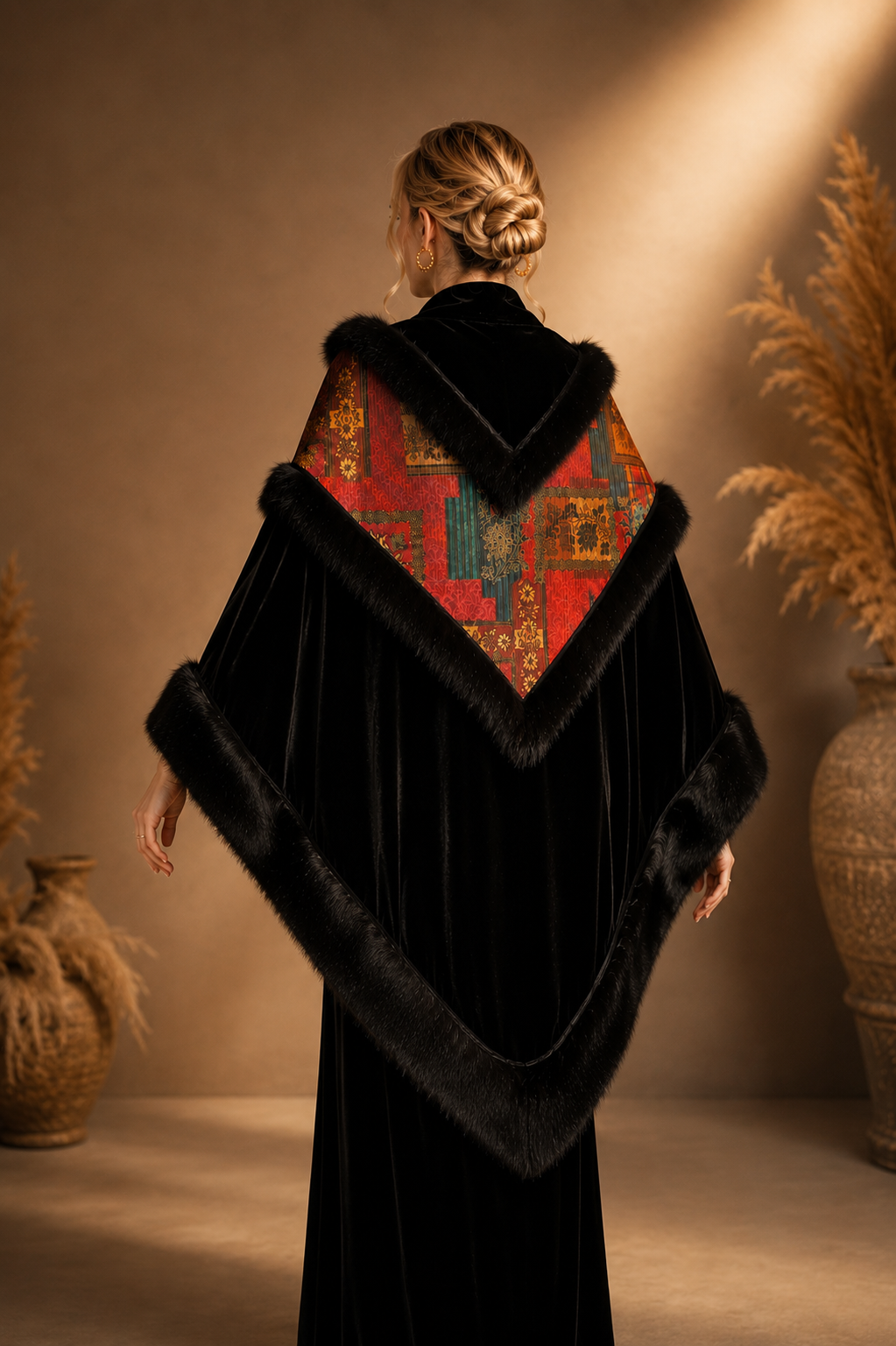 Velvet Shawl with Fur and Red Pattern Fabric