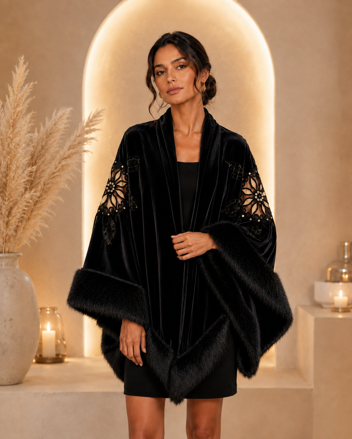 Black Velvet Shawl with Silver Embroidery and Faux Fur