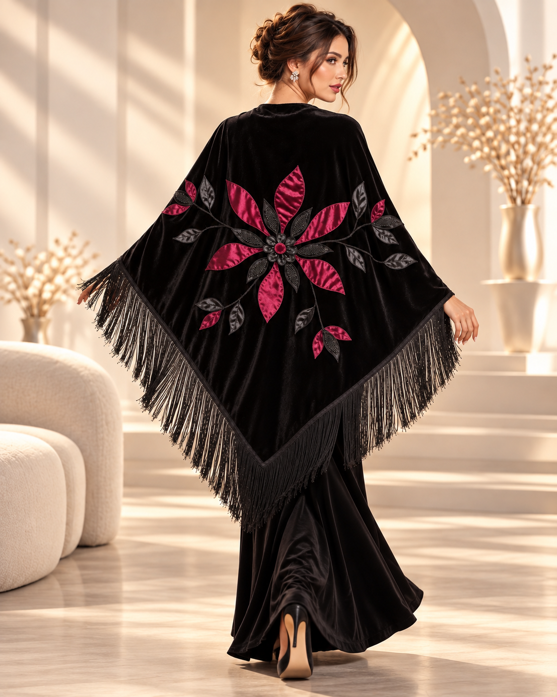 Black Velvet Shawl with Red Flower Aplique
