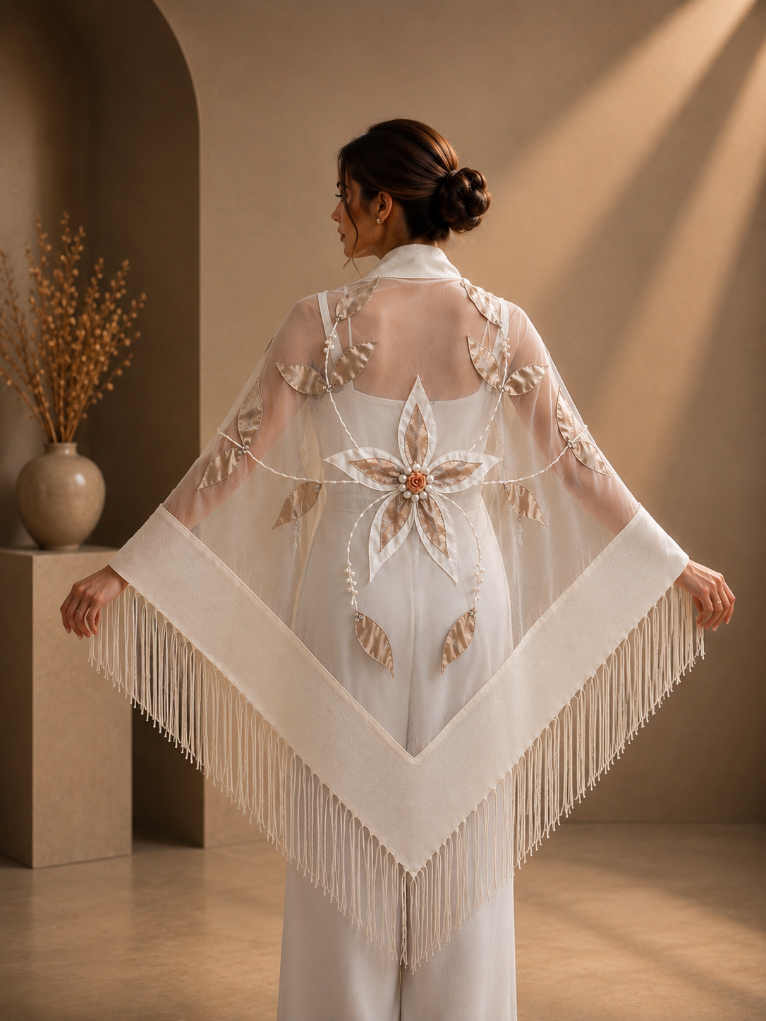 White Bridal Folaral Aplique Knit and Tulle Shawl