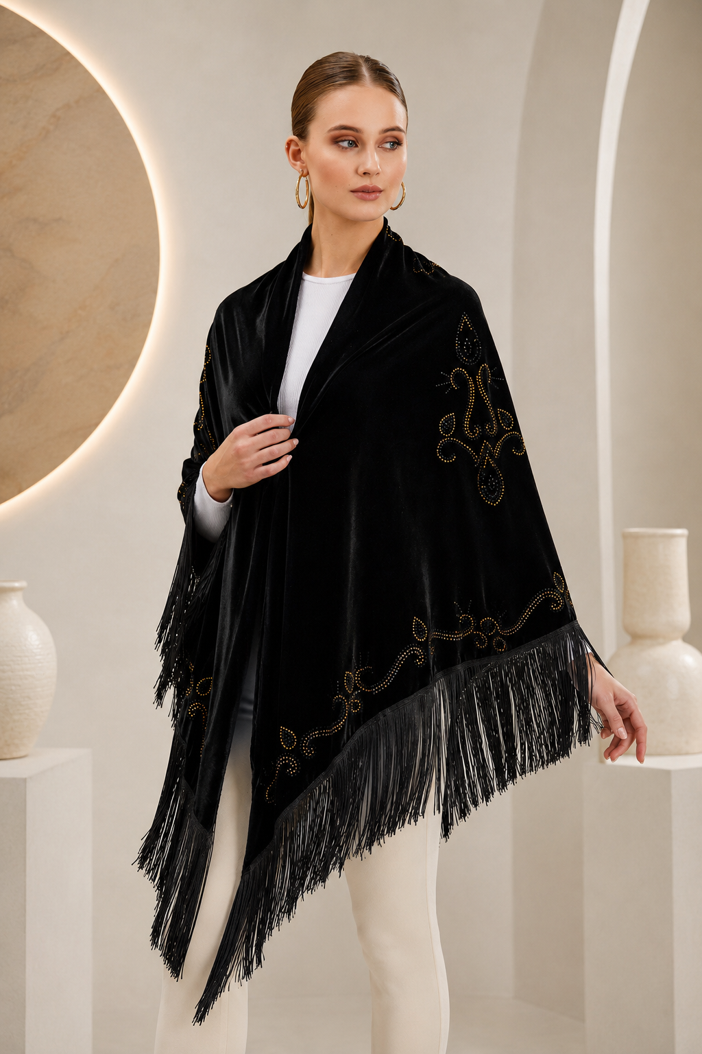 Black Velvet Shawl with Crystal Embellishments