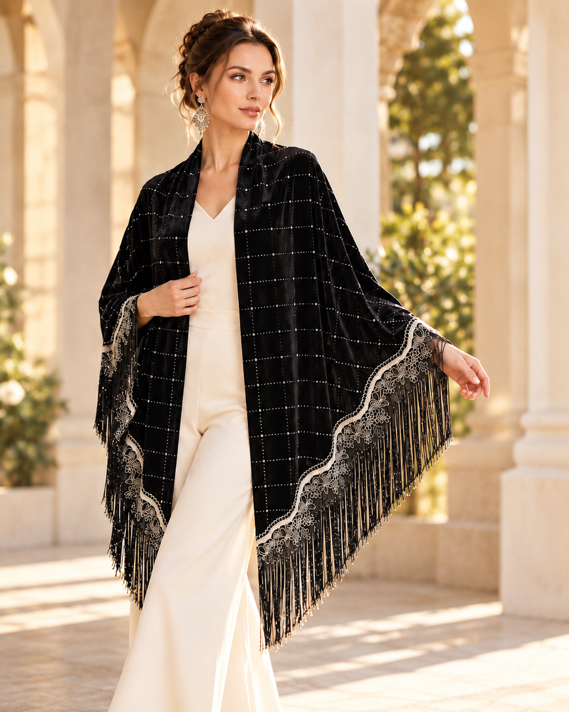 Silver Embroidery and Fringe Velvet Shawl
