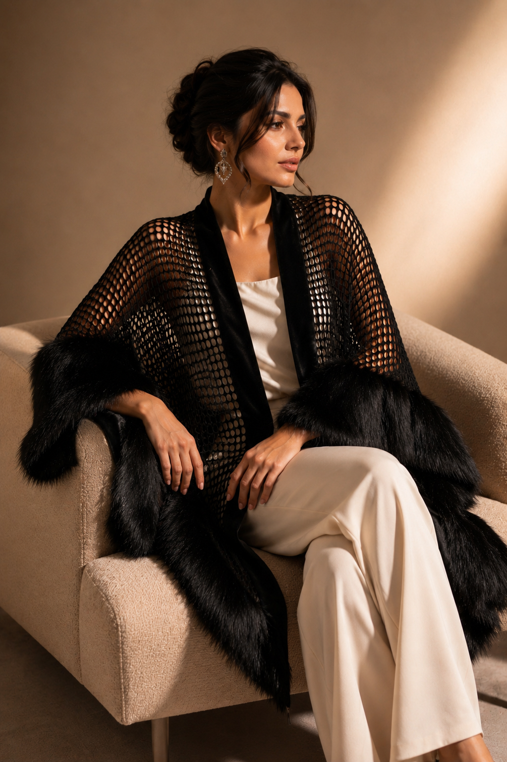 Black Mesh and Faux Fur Shawl