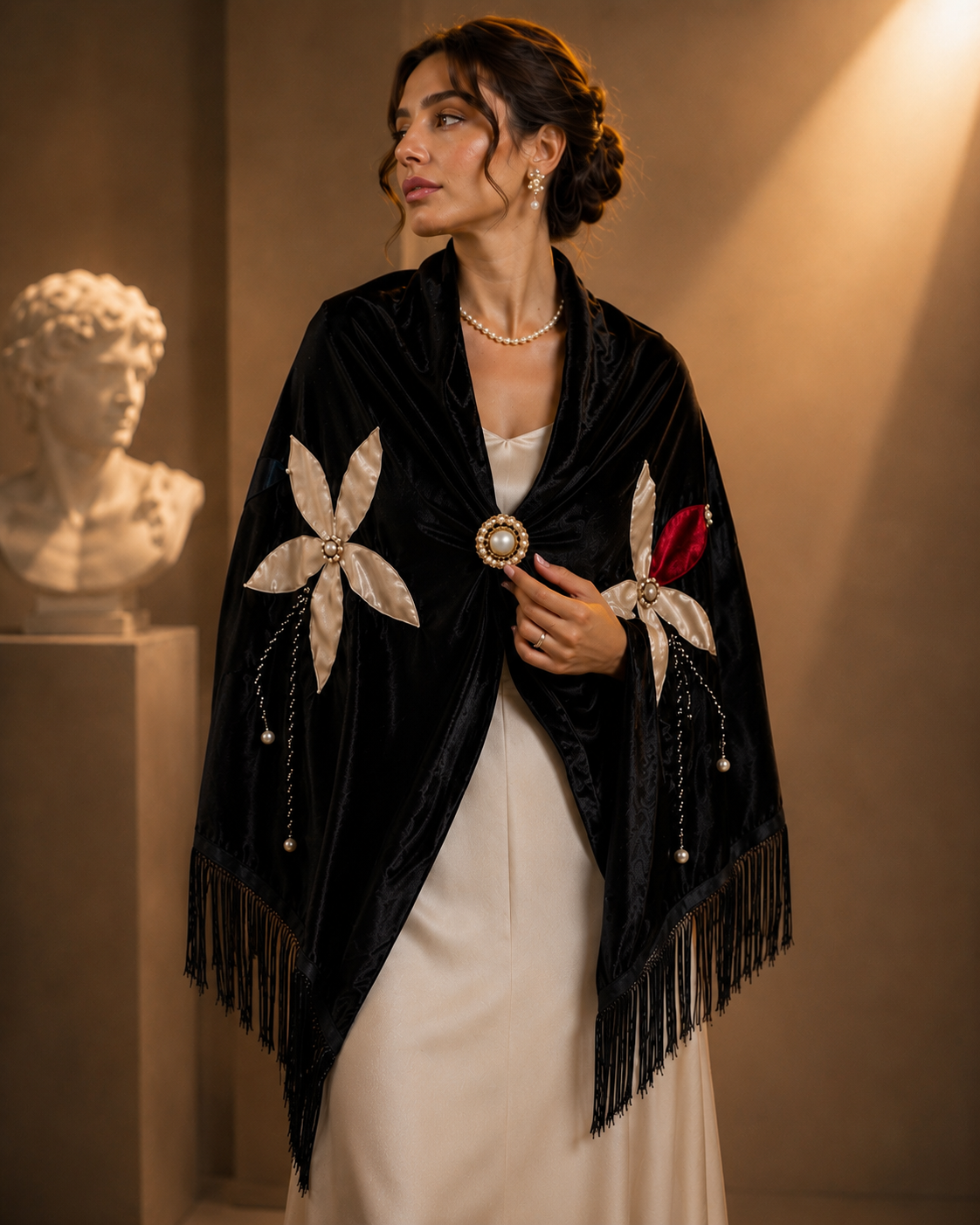Flower Aplique Velvet Black Shawl