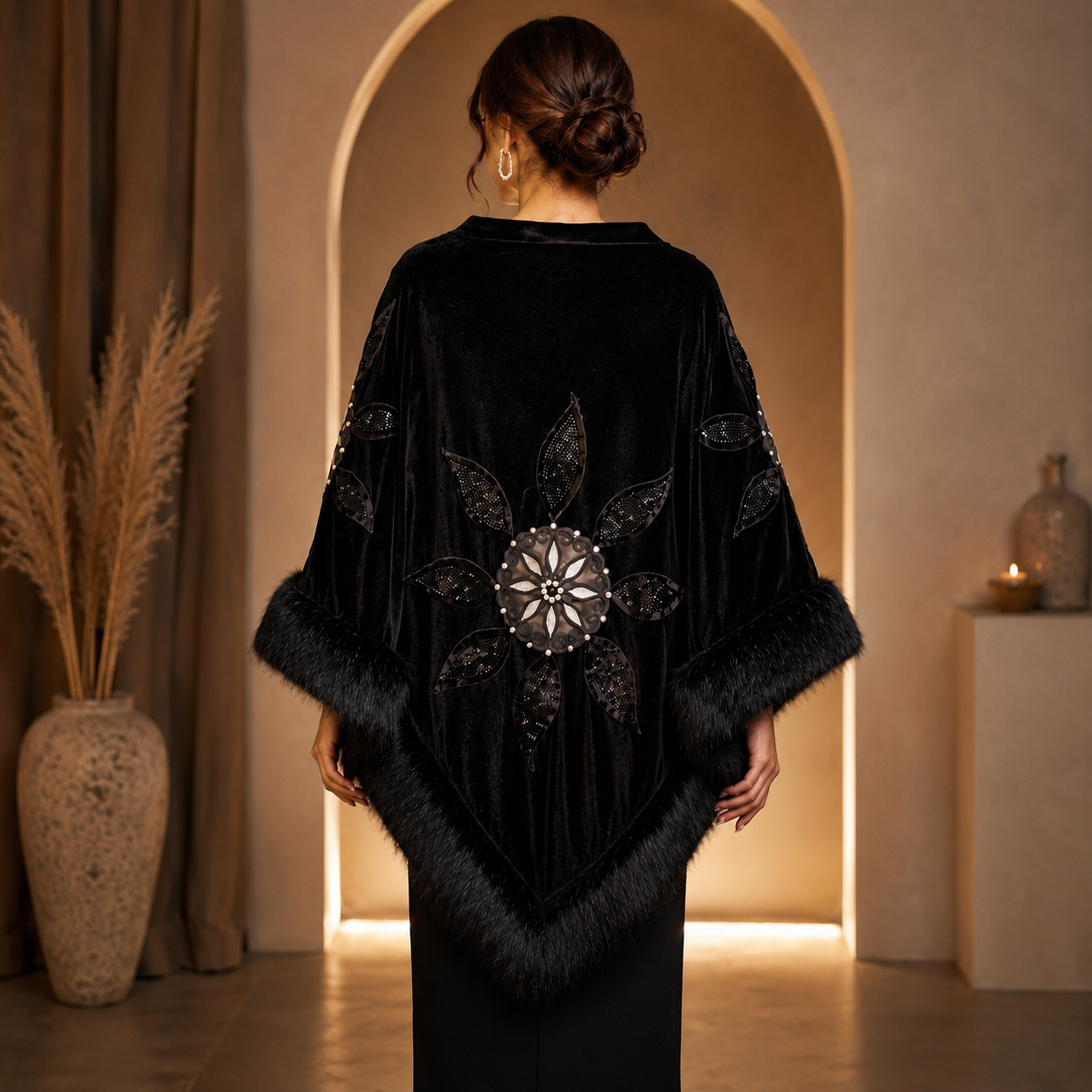 Black Velvet Shawl with Silver Embroidery and Faux Fur