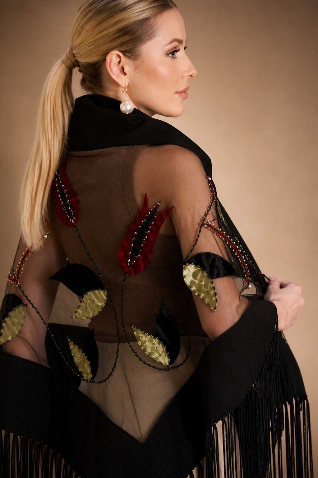 Handmade Stones Colorful Knit and Tulle Shawl