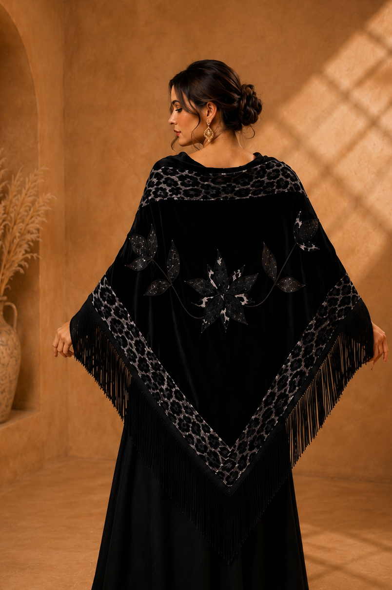 Leopard Aplique Velvet Black Shawl
