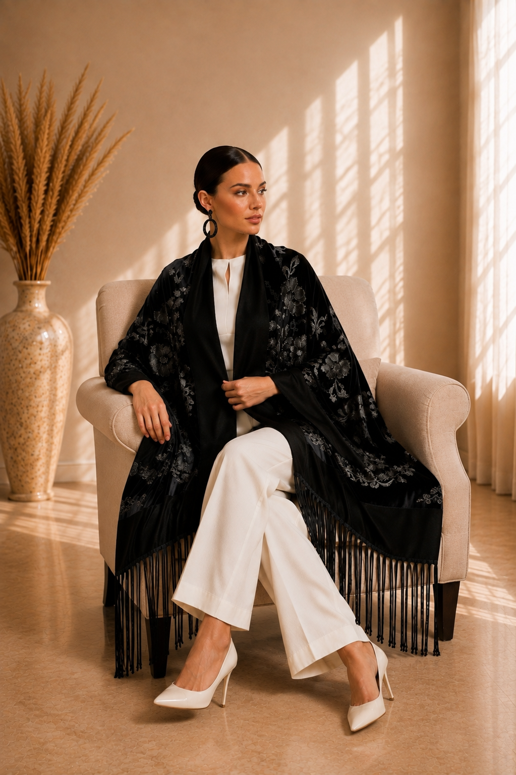 Embroidered Floral and Sequins Velvet Shawl with Wool Border