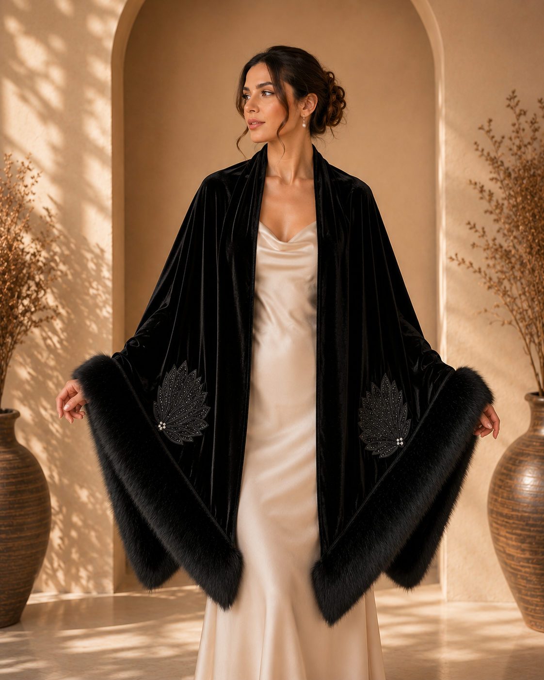 Velvet Evening Crystal Stones Embroidery Shawl with Faux Fur