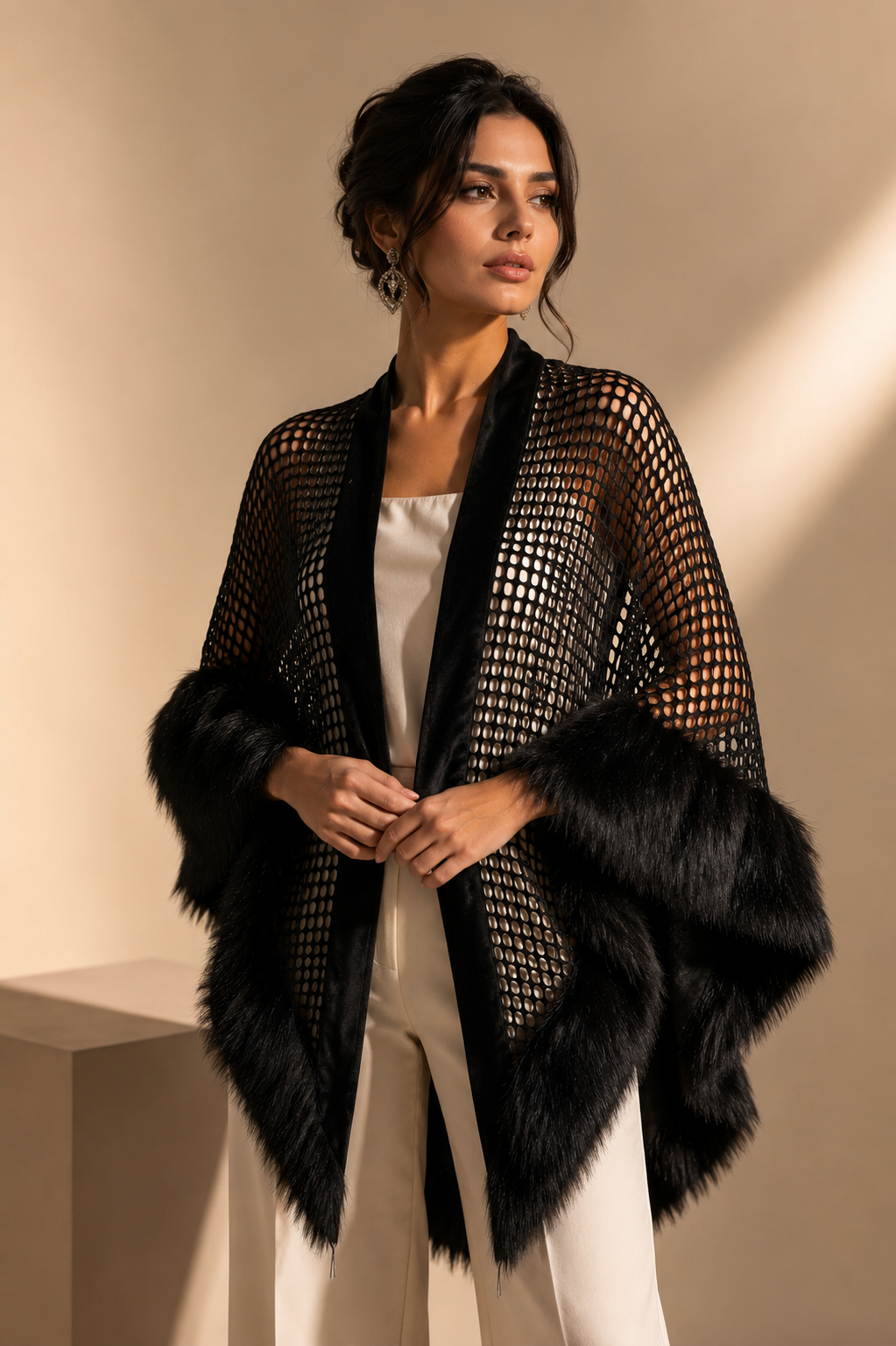 Black Mesh and Faux Fur Shawl