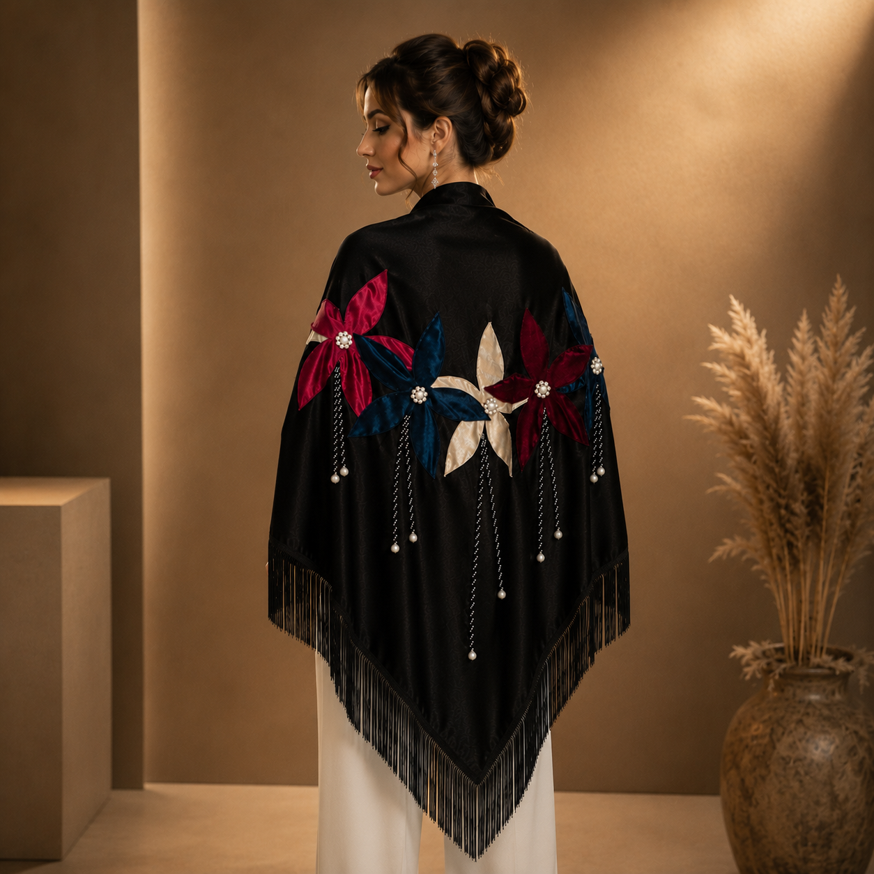 Flower Aplique Velvet Black Shawl