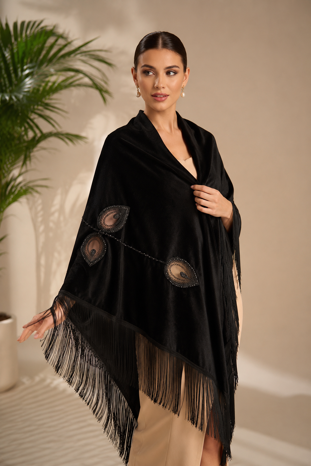Velvet Shawl Embroidered and Crystal Embellishments