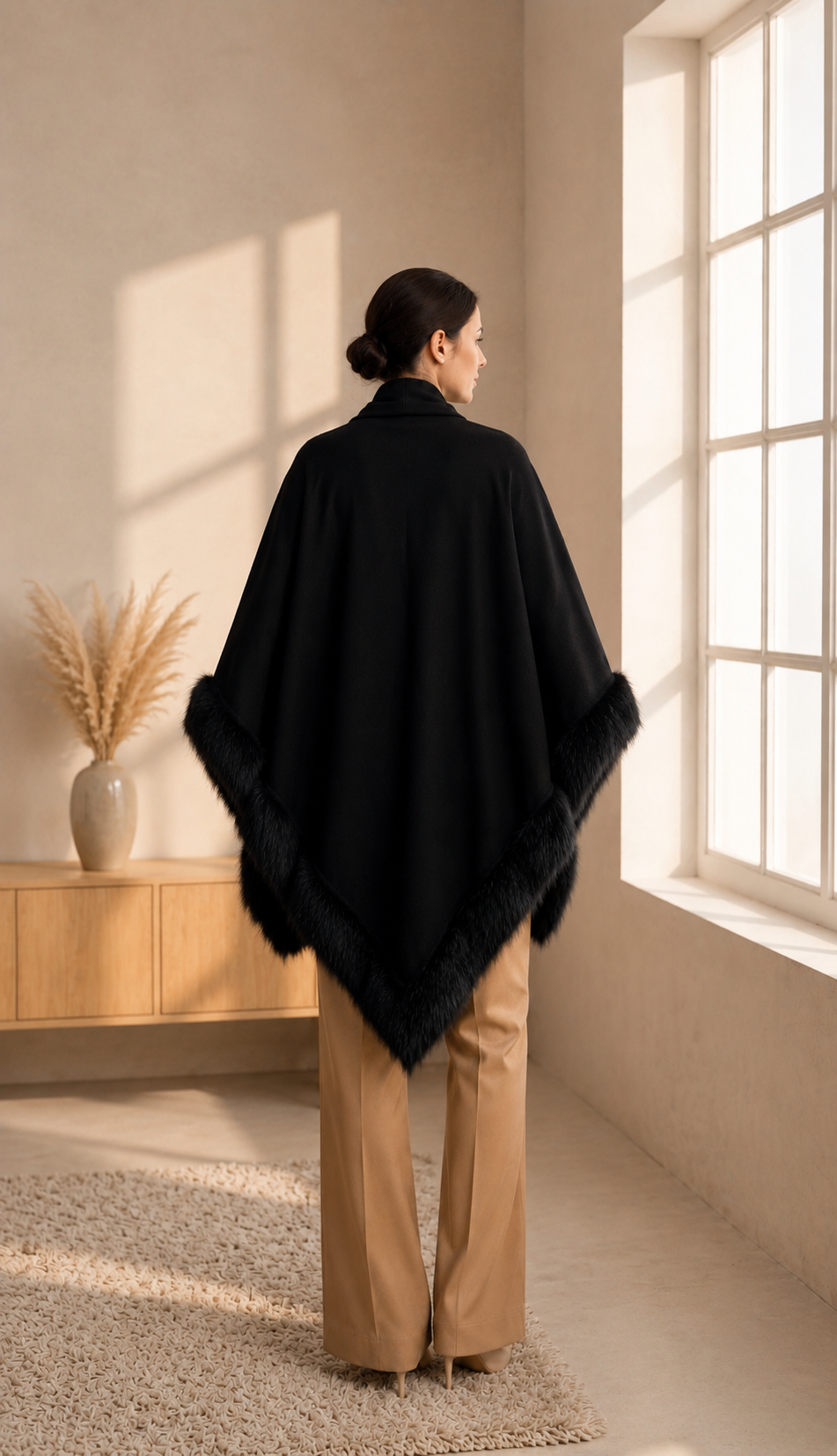 Black Plain Knit Shawl with Faux Fur