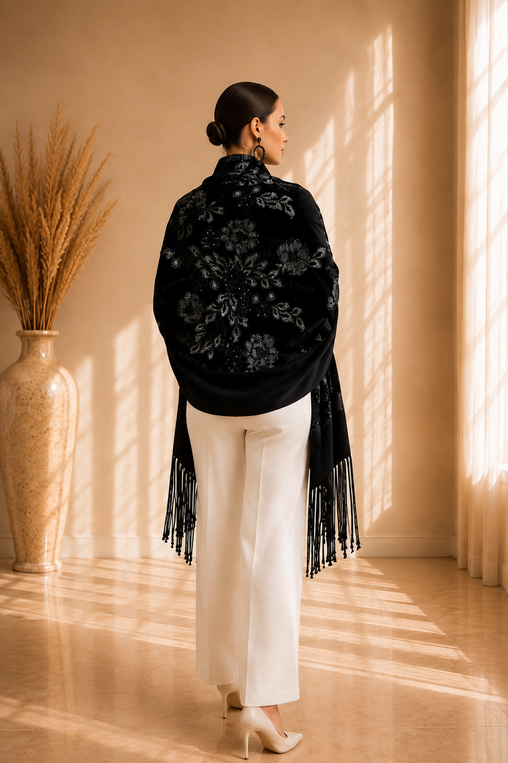 Embroidered Floral and Sequins Velvet Shawl with Wool Border
