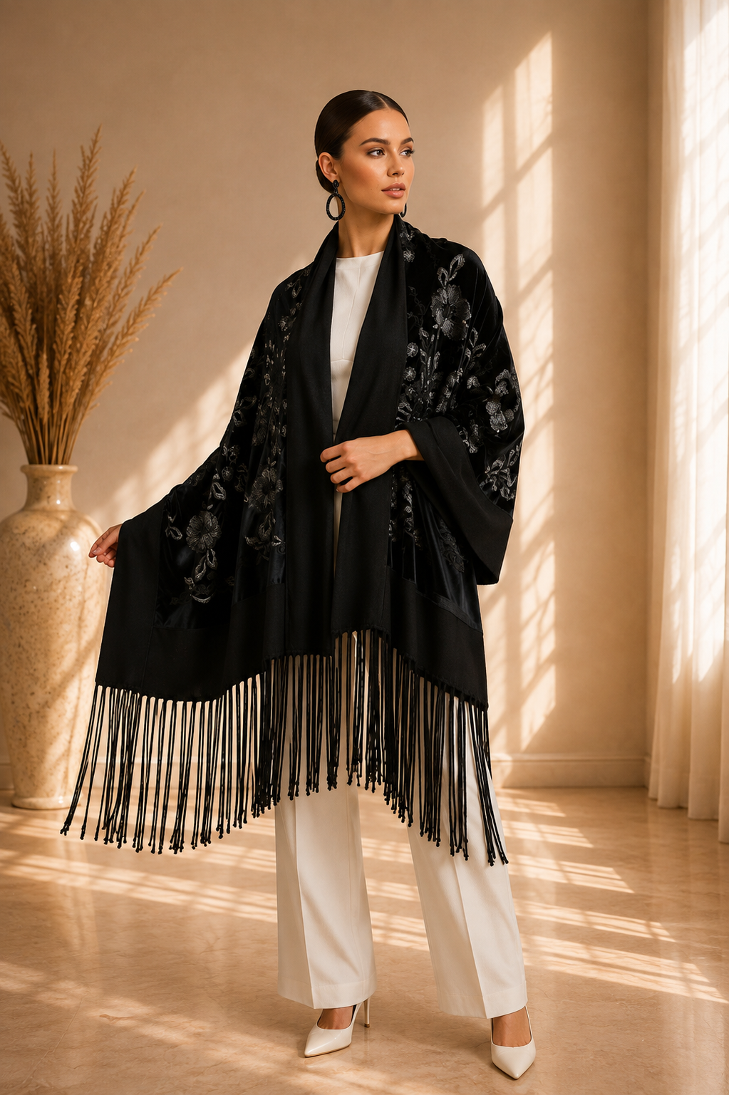 Embroidered Floral and Sequins Velvet Shawl with Wool Border