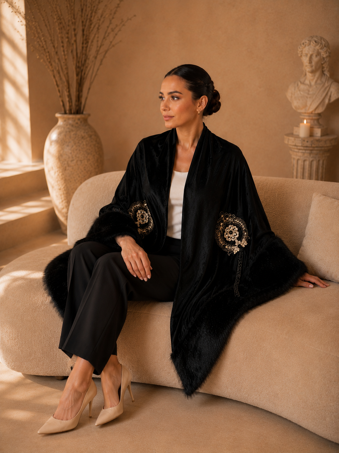 Embroidery Velvet Faux Fur Shawl