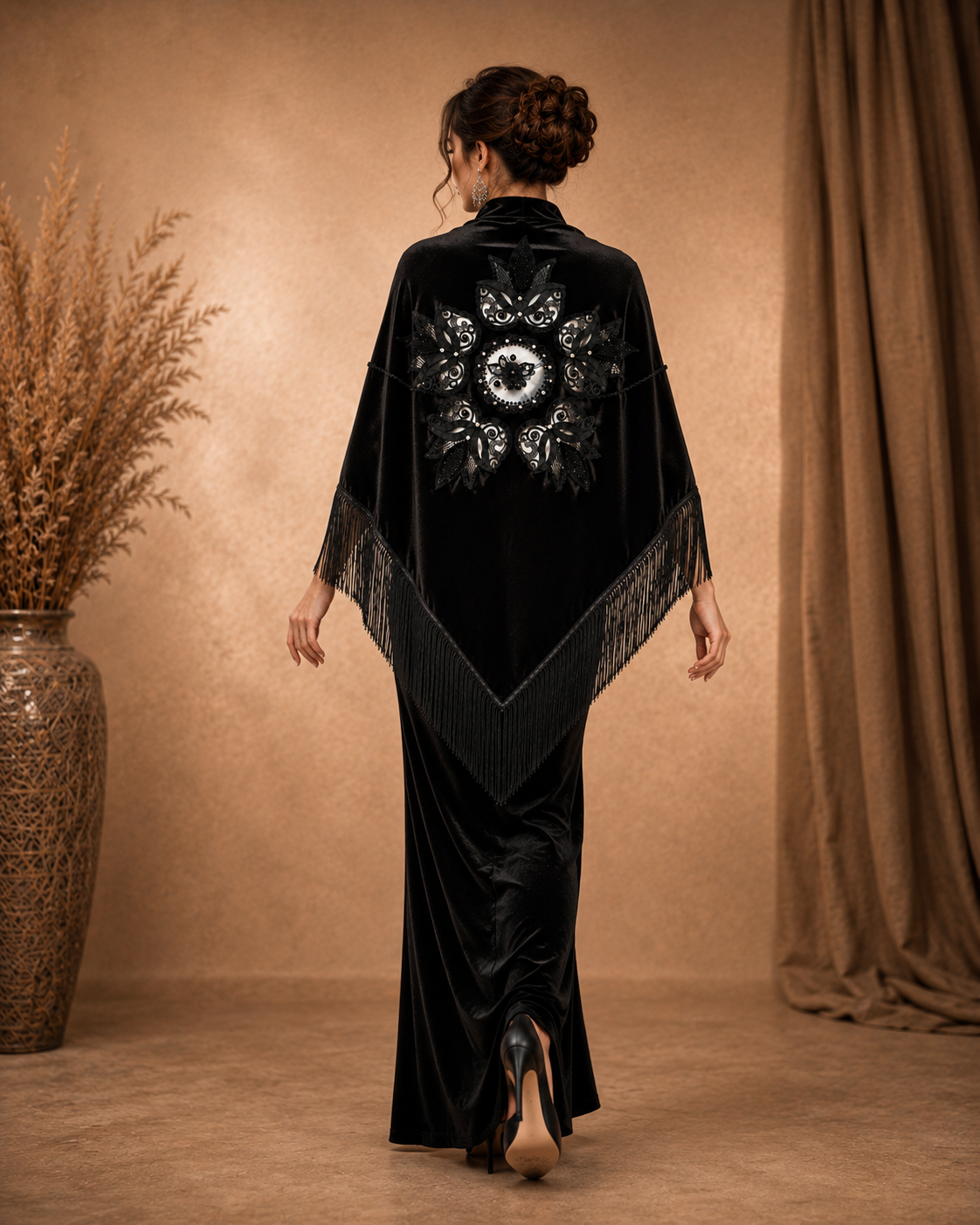 Black Women Shawl with Floral Embroidery