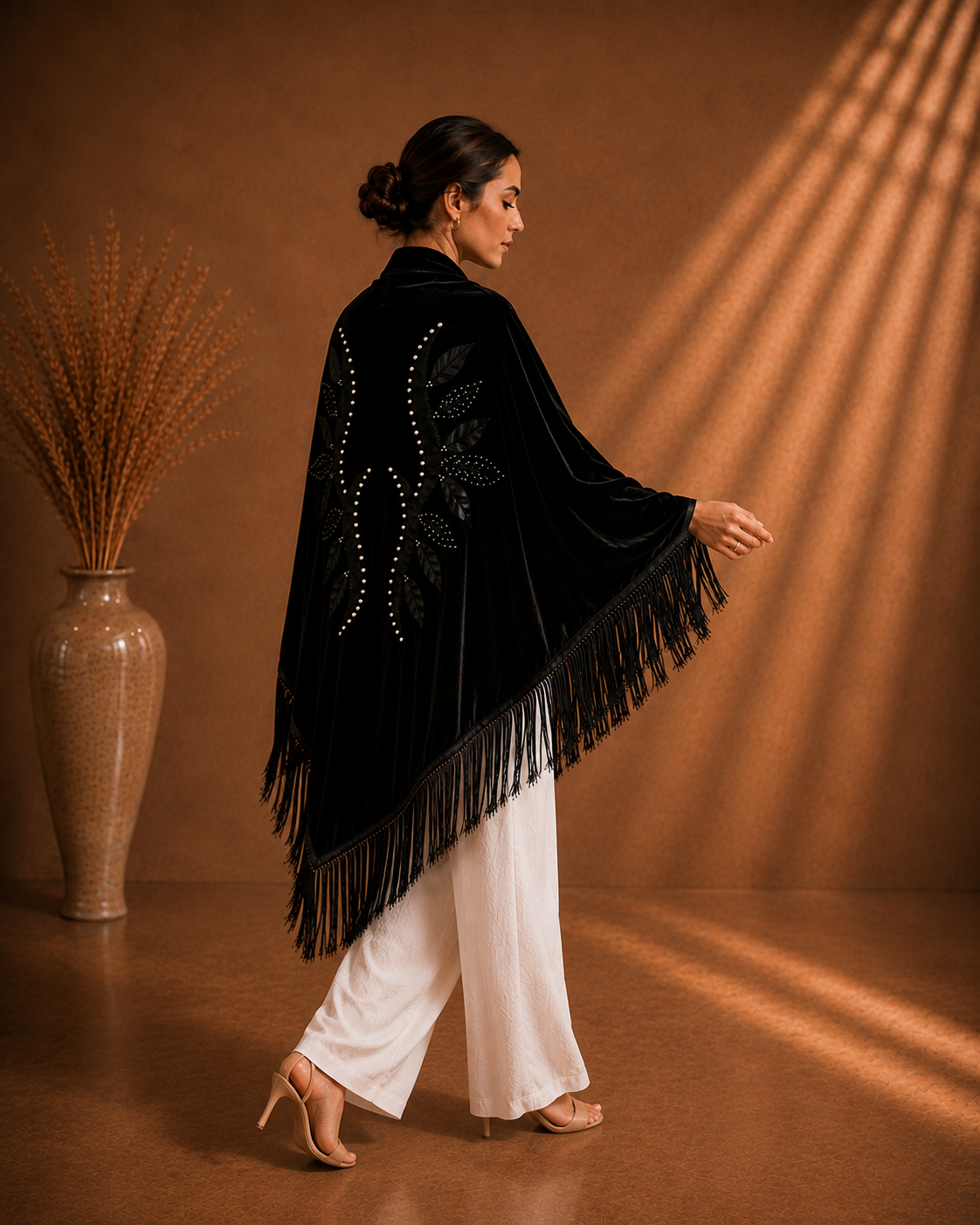 Velvet Black Shawl with Beaded Embellisment