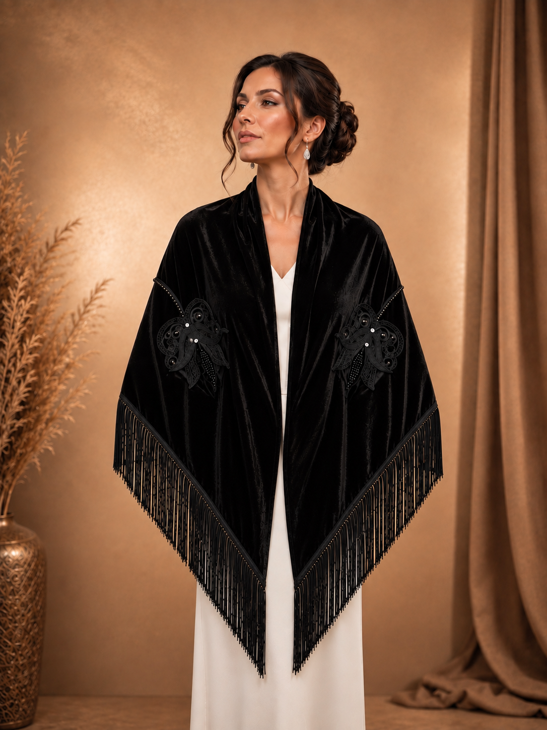 Black Women Shawl with Floral Embroidery