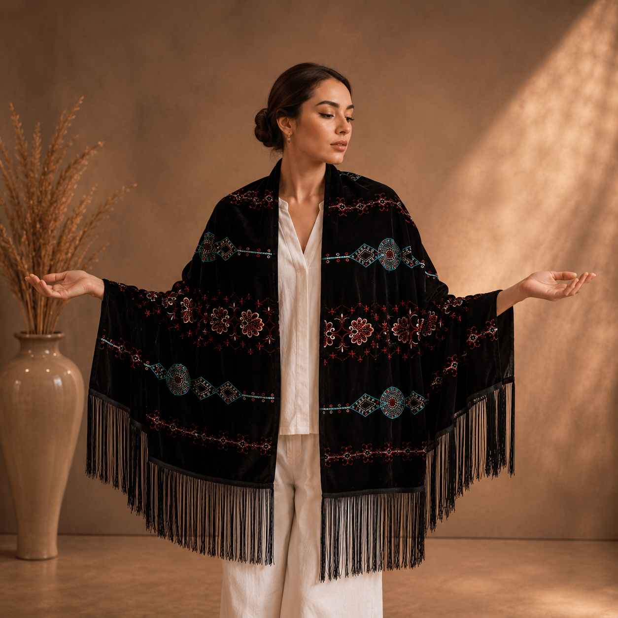 Ethnic Embroidery Black Velvet Shawl